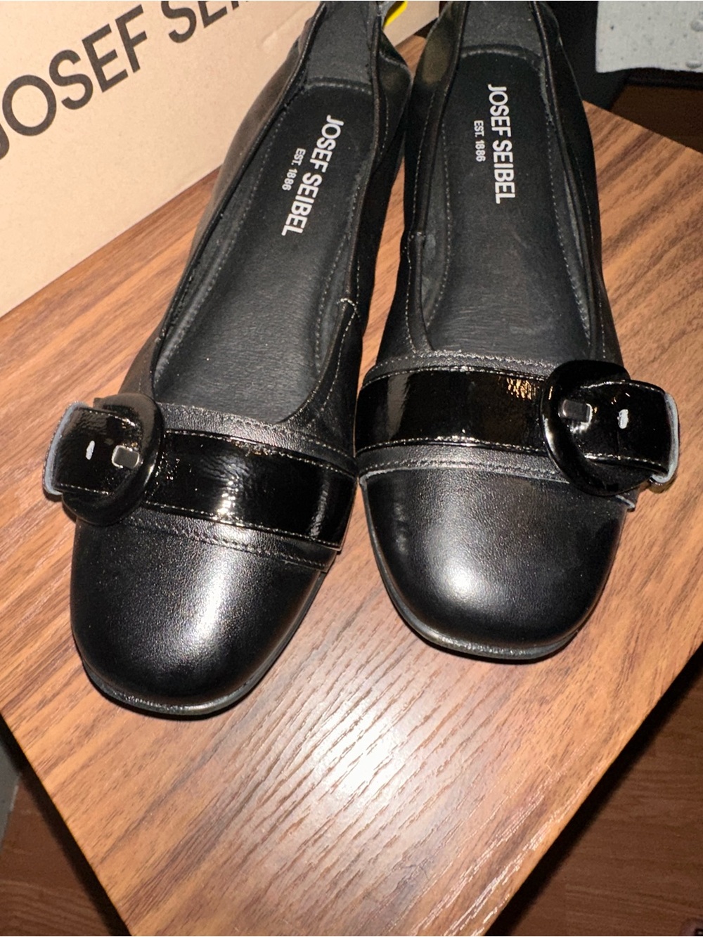 Josef Seibel Black Leather Mary Jane Flats with Patent Buckle